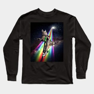 Galaxy Space Cat On Scooter Rainbow Long Sleeve T-Shirt